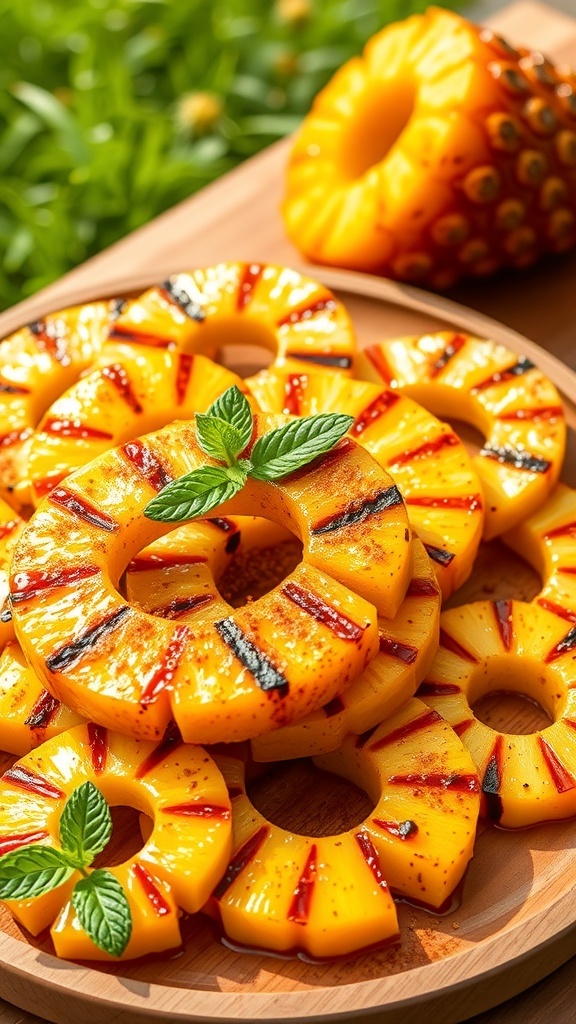 Juicy Grilled Pineapple Recipe Grilled pineapple rings with honey glaze and cinnamon, garnished with mint leaves on a wooden platter.